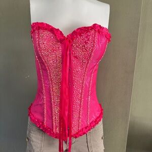 Spectacular Hot Pink CORSET EMBROIDERED Bead Sequin‎ ! B XSmall Fairy